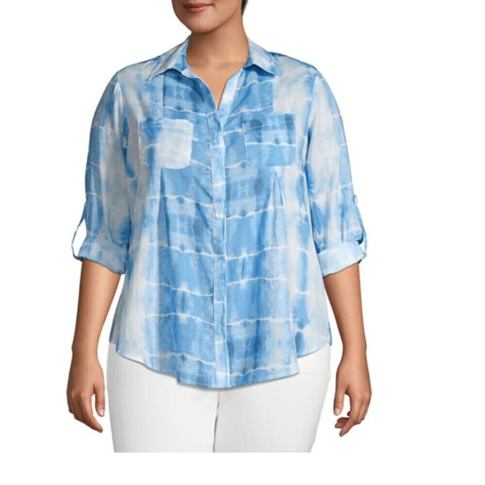 Lord & Taylor Printed Cotton Button Down Shirt In Chambray Blue Plus Size 2X